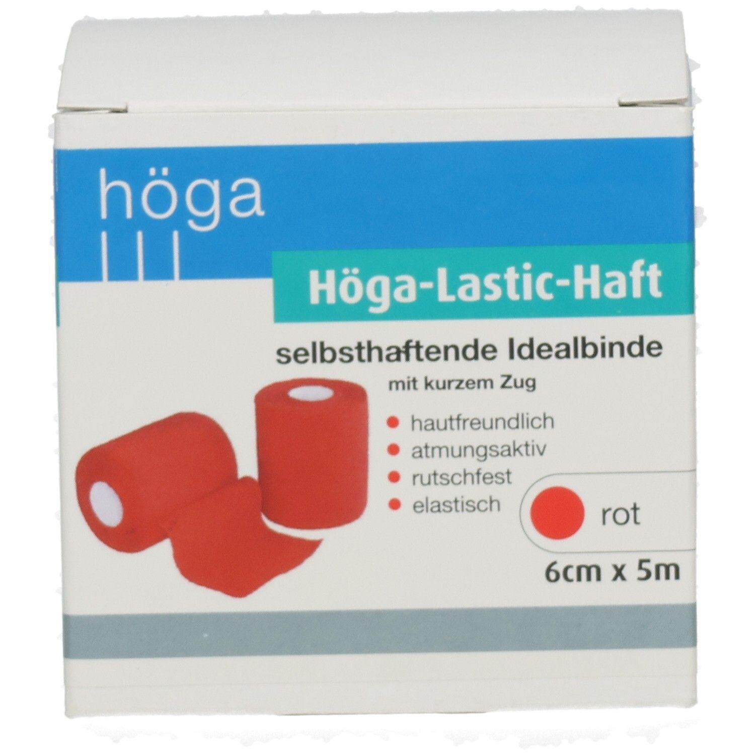 Rote selbsthaftende Idealbinde, 6cm x 5m, aufgerollt und abgewickelt.