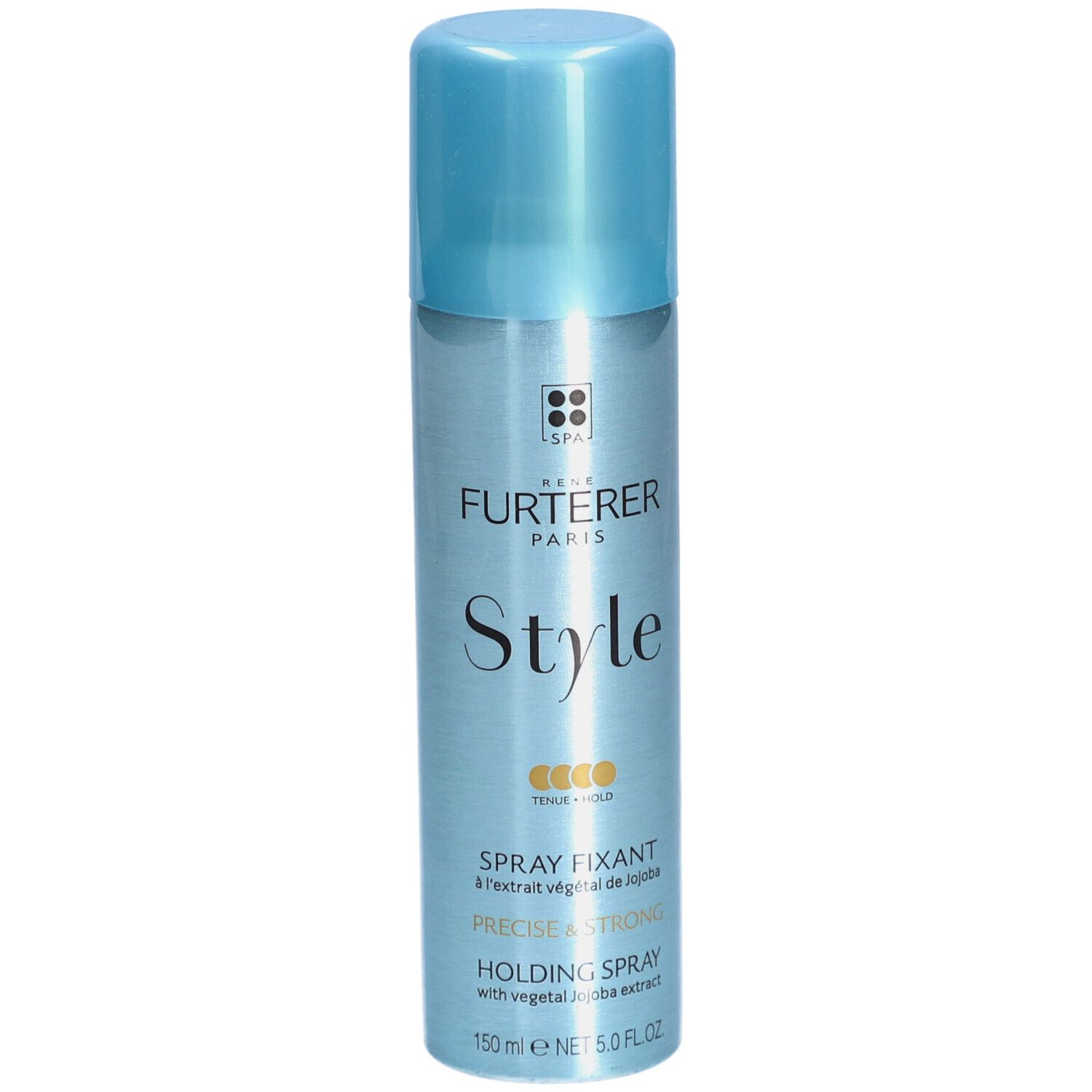 Haarspray-Flasche mit blauem Deckel. Aufschrift: RENE FURTERER PARIS Style Spray Fixant. Präzise & Stark.
