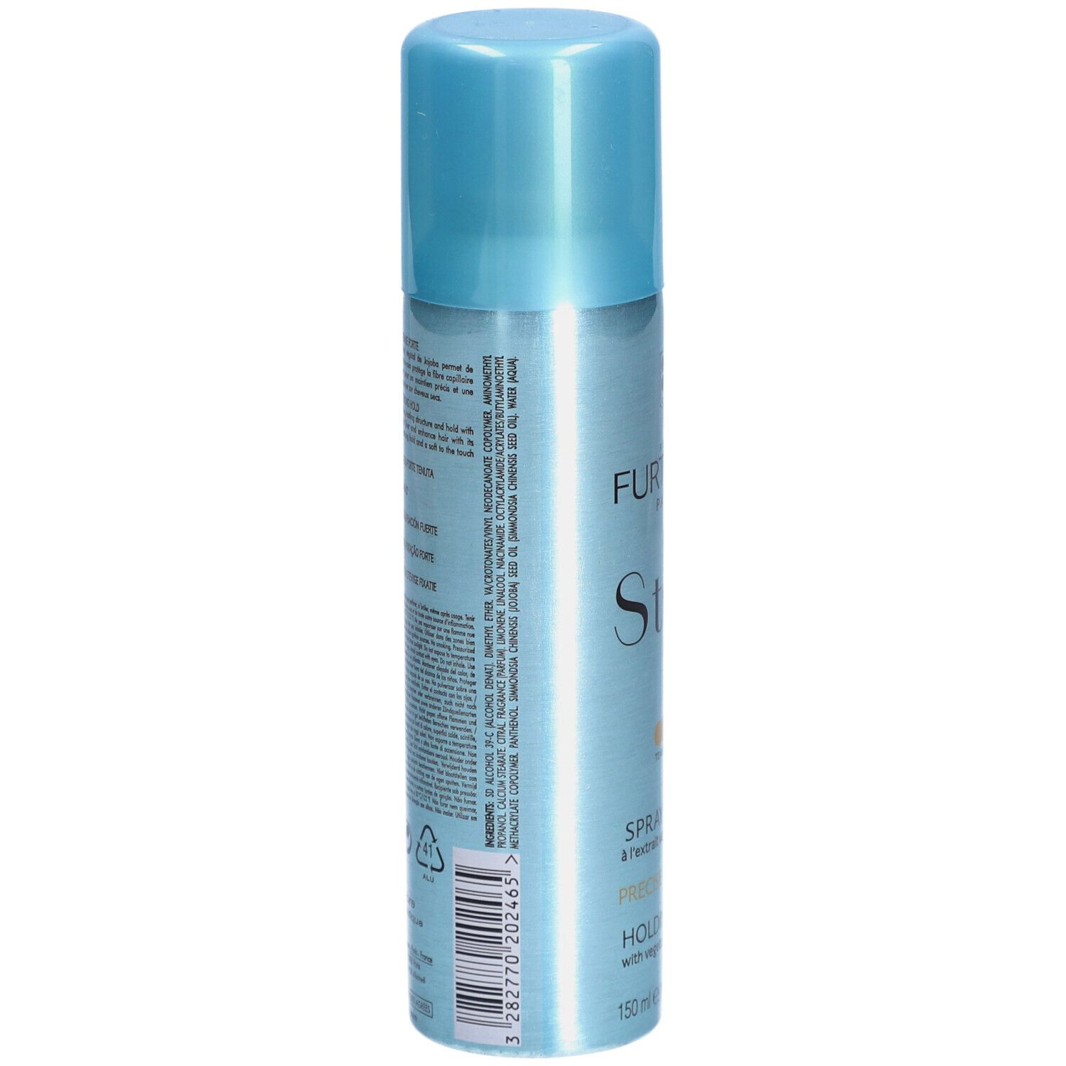 Rückseite der Haarspray-Flasche. Text in mehreren Sprachen. Herstellerinformationen und Warnhinweise.
