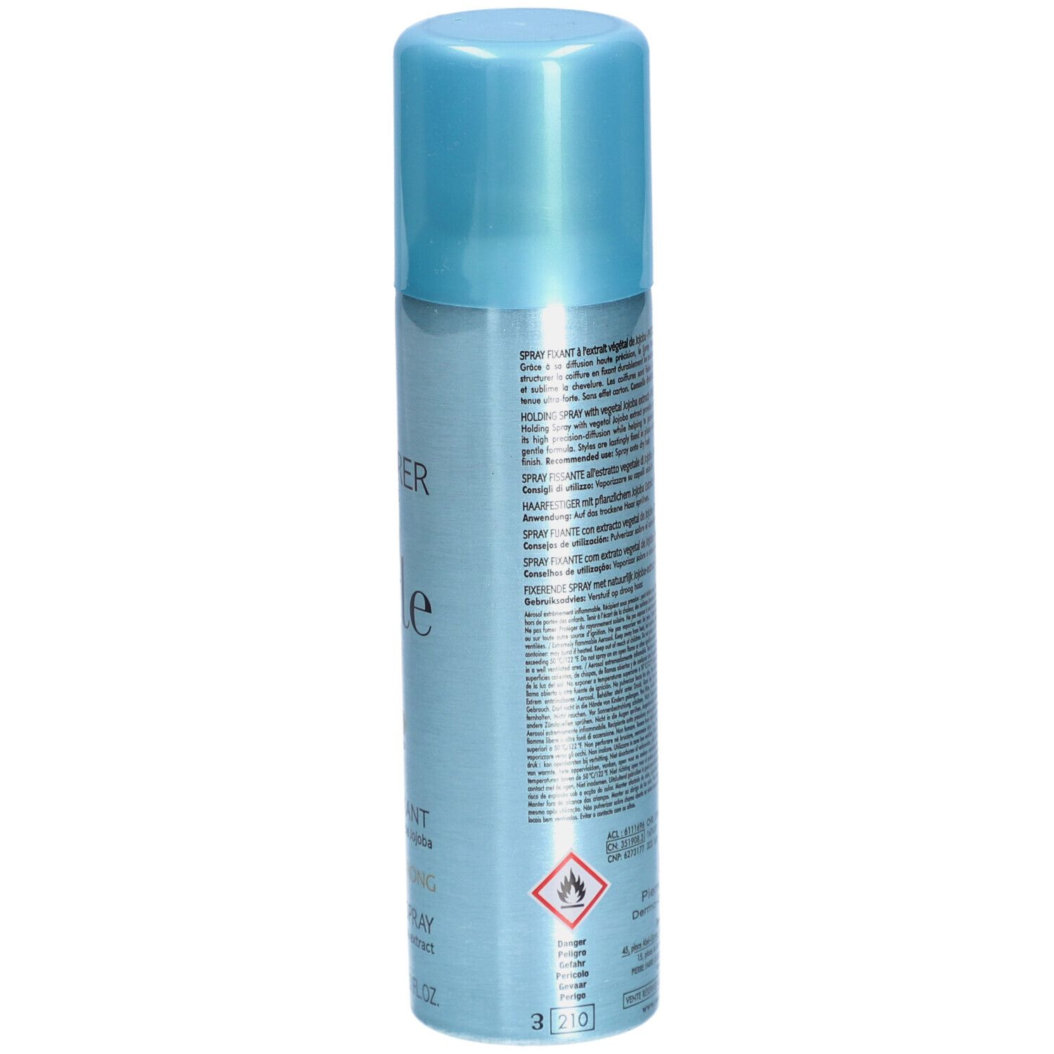 Rückseite der Haarspray-Flasche. Text in mehreren Sprachen. Herstellerinformationen und Warnhinweise.