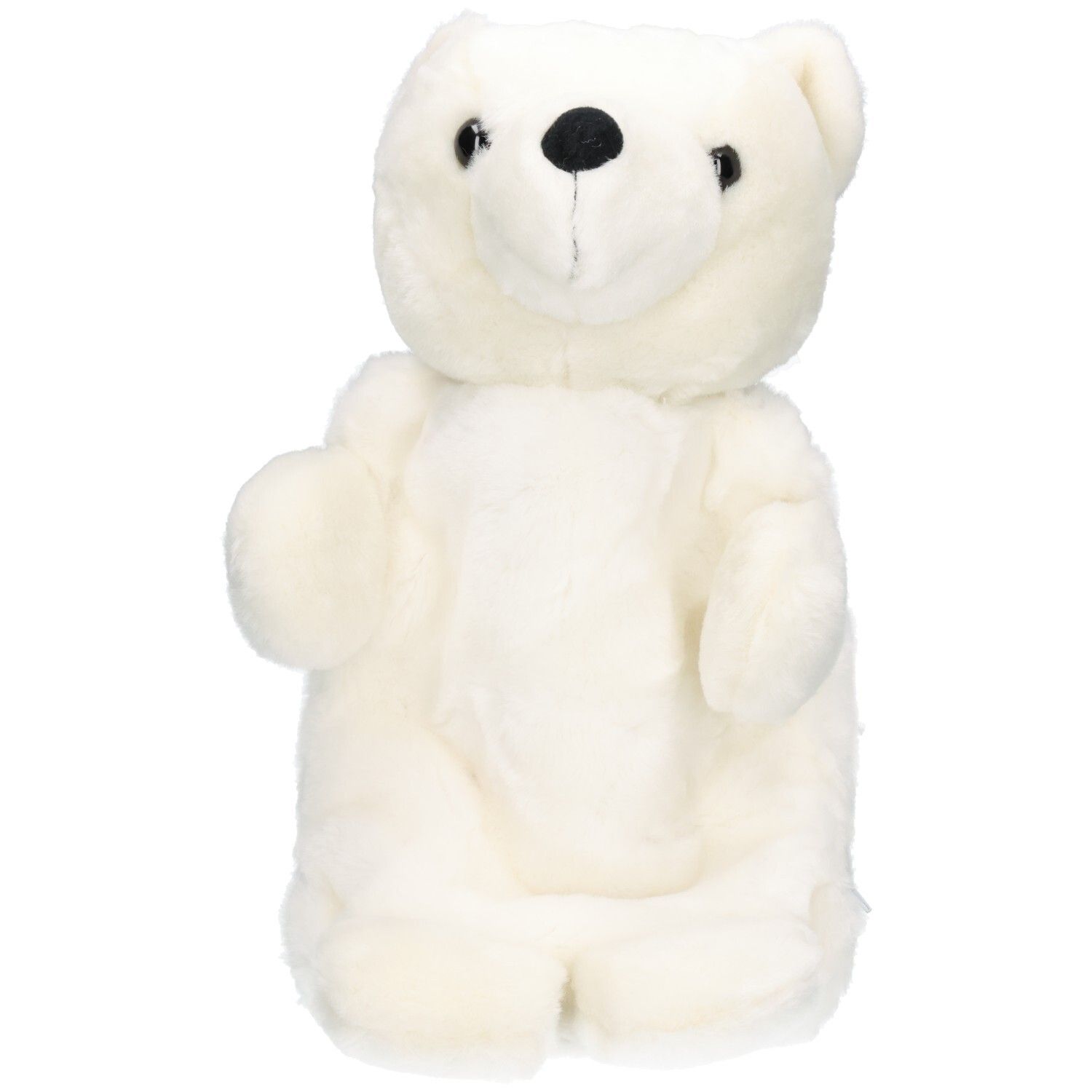 Weißer Eisbär-Wärmflaschenbezug aus Plüsch. Schwarze Augen und Nase. Bär mit Armen und Beinen.