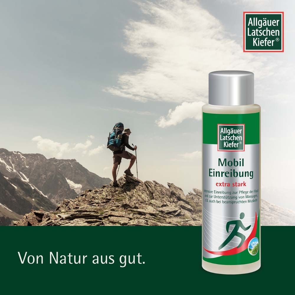 Produktflasche vor Berglandschaft mit Wanderer. Text: Von Natur aus gut. Logo: Allgäuer Latschenkiefer.