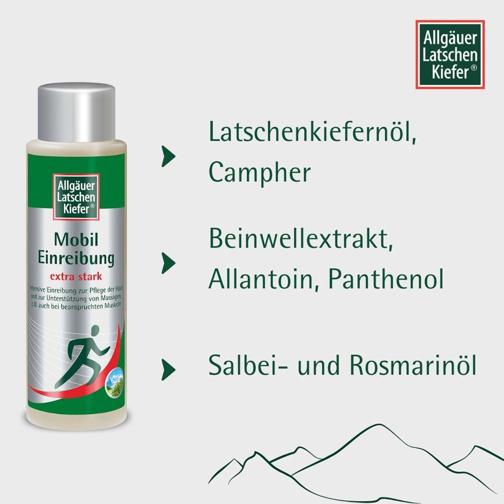 Produktflasche mit Inhaltsstoff-Angaben. Latschenkiefernöl, Campher, Beinwellextrakt, Allantoin, Panthenol, Salbei- und Rosmarinöl.