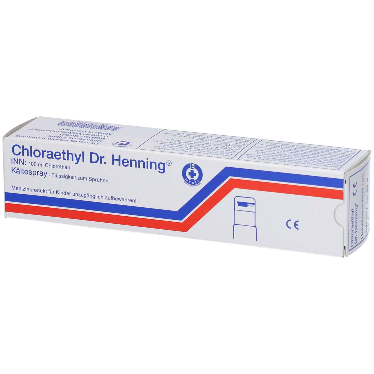 Karton von Chloraethyl Dr. Henning. Weiß, mit blauen und roten Streifen. Text: Kältespray, Medizinprodukt.