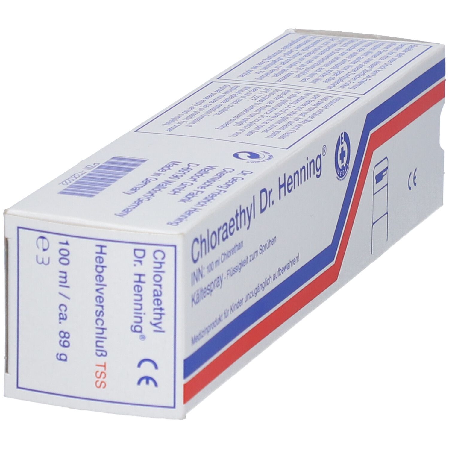 Karton von Chloraethyl Dr. Henning. Weiß, mit blauen und roten Streifen. Text: 100 ml, Hebelverschluss TSS.
