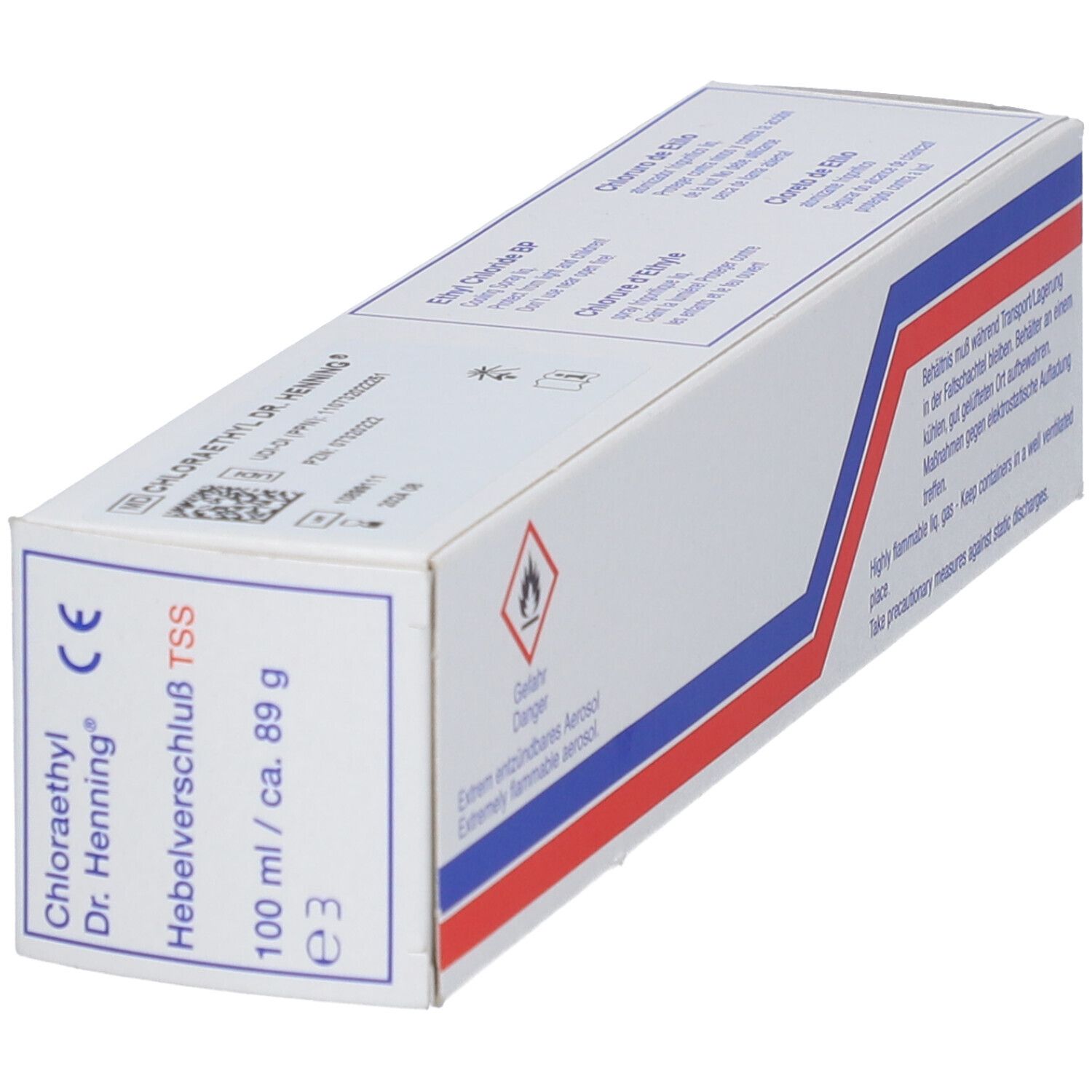 Karton von Chloraethyl Dr. Henning. Weiß, mit blauen und roten Streifen. Text: 100 ml, Hebelverschluss TSS. Gefahrenhinweis.
