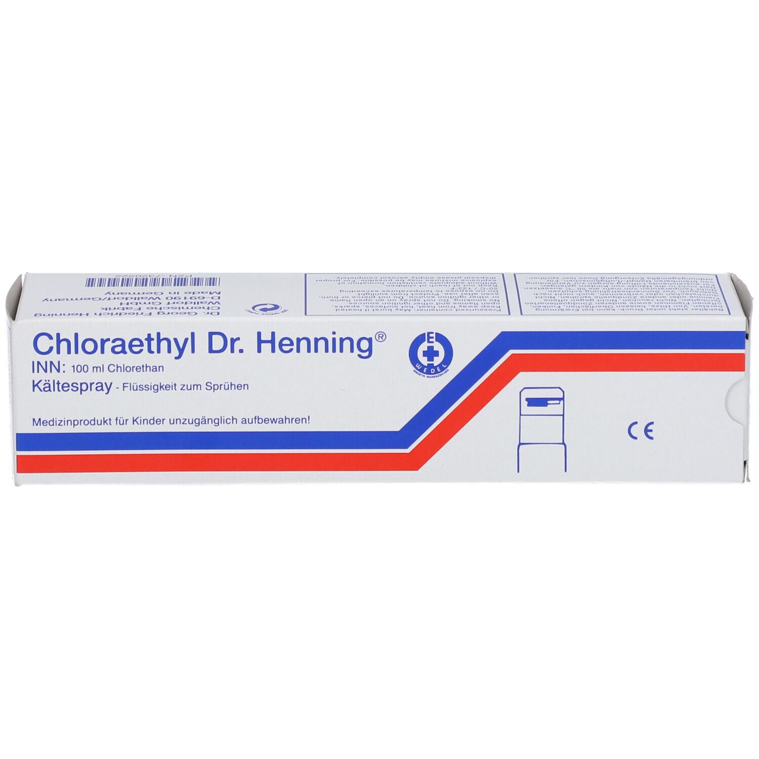 Karton von Chloraethyl Dr. Henning. Weiß, mit blauen und roten Streifen. Text: Kältespray, Medizinprodukt.