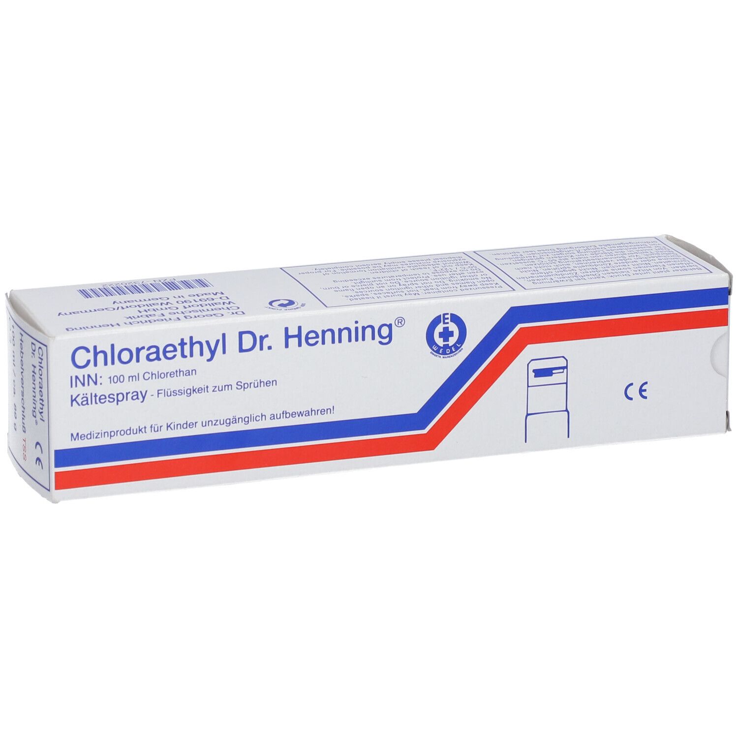 Karton von Chloraethyl Dr. Henning. Weiß, mit blauen und roten Streifen. Text: Kältespray, Medizinprodukt.