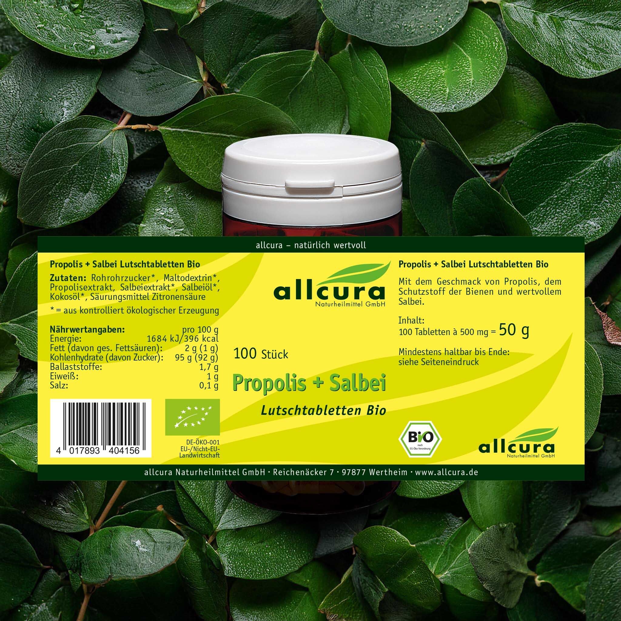 Tablettenpackung mit Text: Propolis + Salbei, 100 Stück, Zutaten, Nährwerte, Bio-Siegel. Auf Blättern.