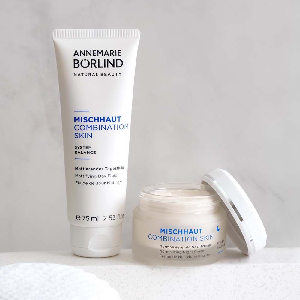 Tube und Tiegel. Tagesfluid und Nachtcreme für Mischhaut. Marke: ANNEMARIE BÖRLIND.