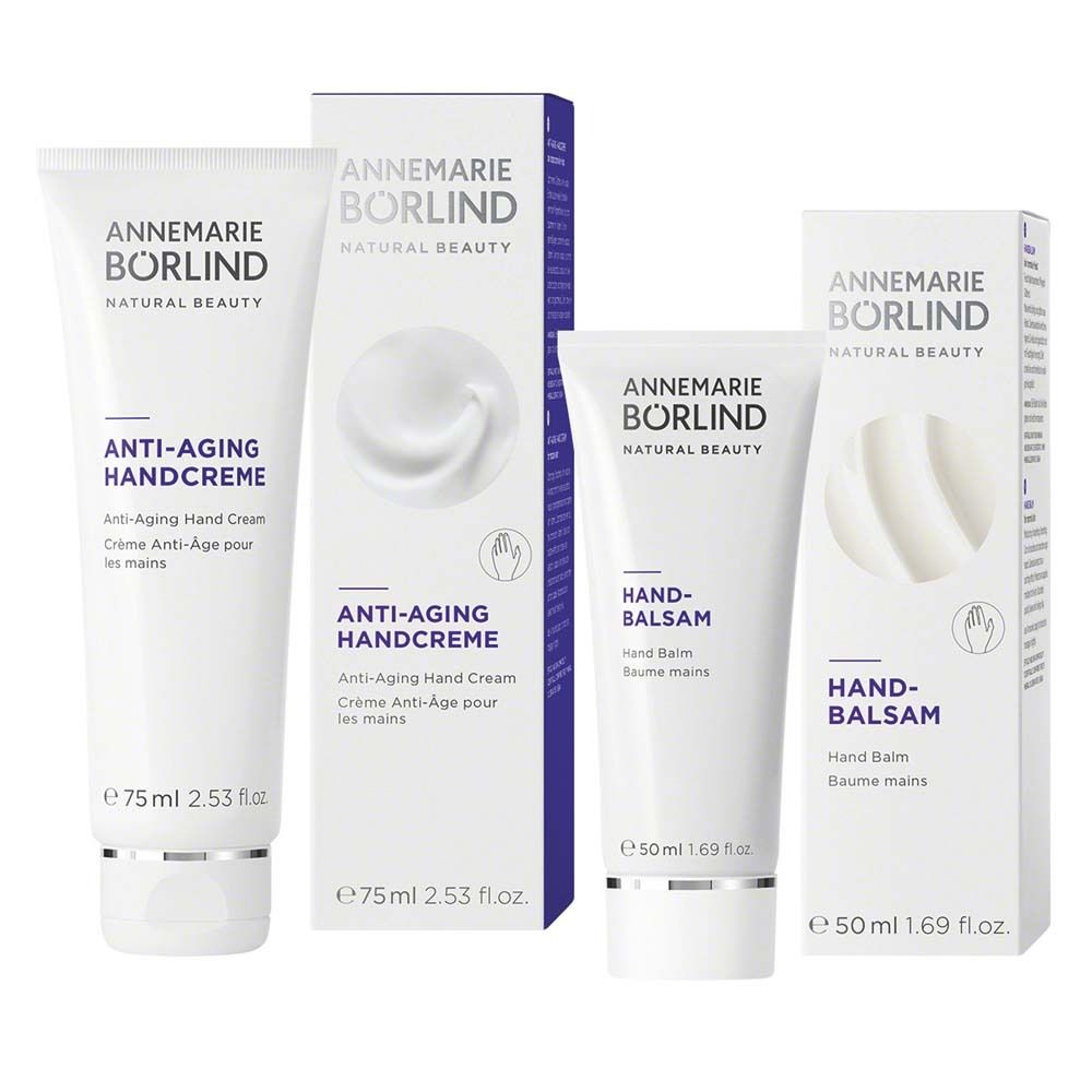 Handcreme-Produkte. Marke: ANNEMARIE BÖRLIND. Handbalsam und Anti-Aging Handcreme. Verpackungen.