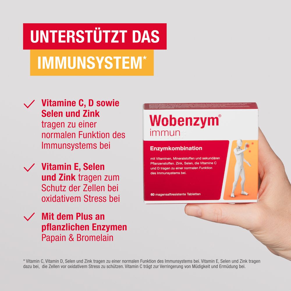 Hand hält Wobenzym® immun-Verpackung. Text: Unterstützt das Immunsystem. Enthält Vitamine, Selen und Zink.