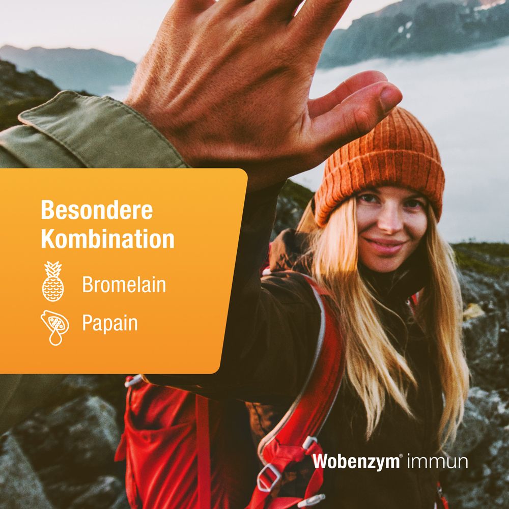 Frau und Mann im Freien. Text: Besondere Kombination Bromelain und Papain. Wobenzym® immun-Verpackung.