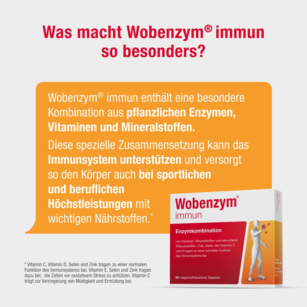 Wobenzym® immun-Verpackung. Text: Was macht Wobenzym® immun so besonders? Enthält Enzyme, Vitamine und Mineralstoffe.