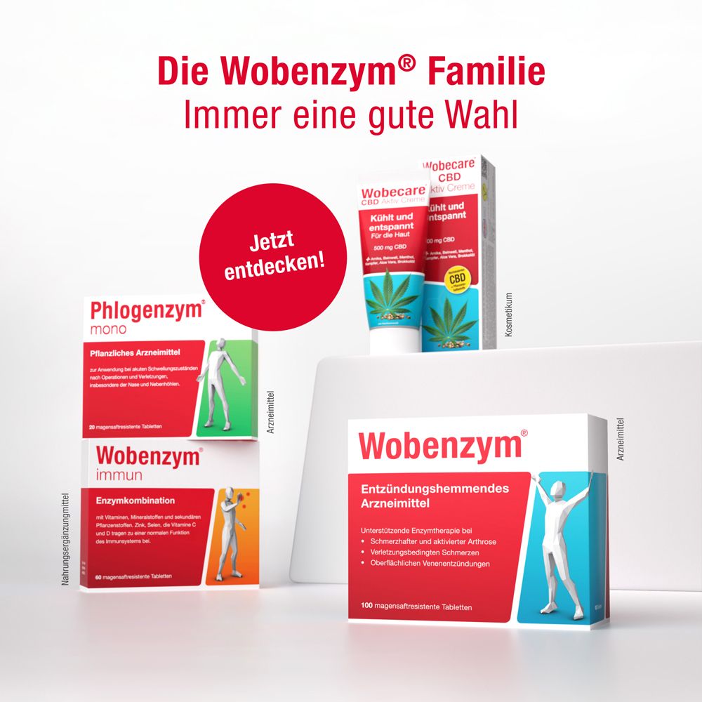 Verschiedene Wobenzym®-Produkte. Wobenzym® immun, Phlogenzym mono, Wobecare CBD. Immer eine gute Wahl.