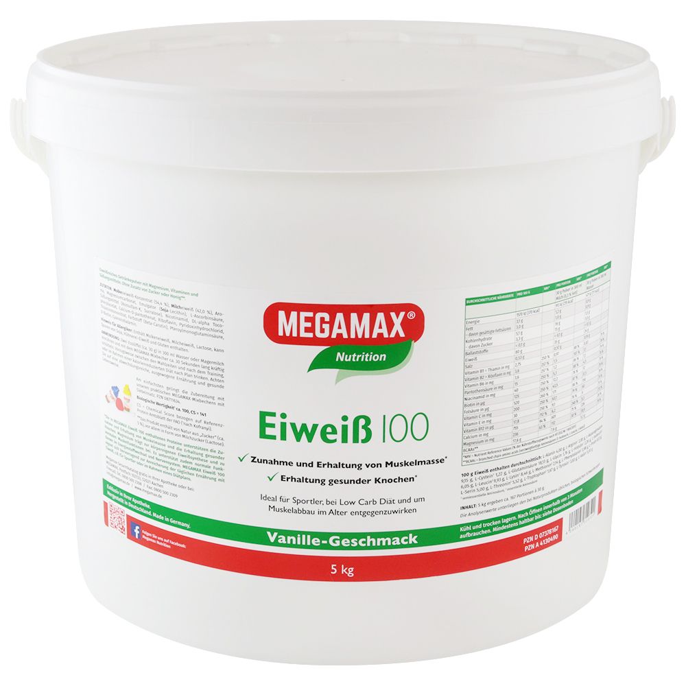 Weißer Eimer mit rotem und grünem Etikett. Aufschrift: MEGAMAX Nutrition Eiweiß 100 Vanille-Geschmack. Enthält 5 kg.