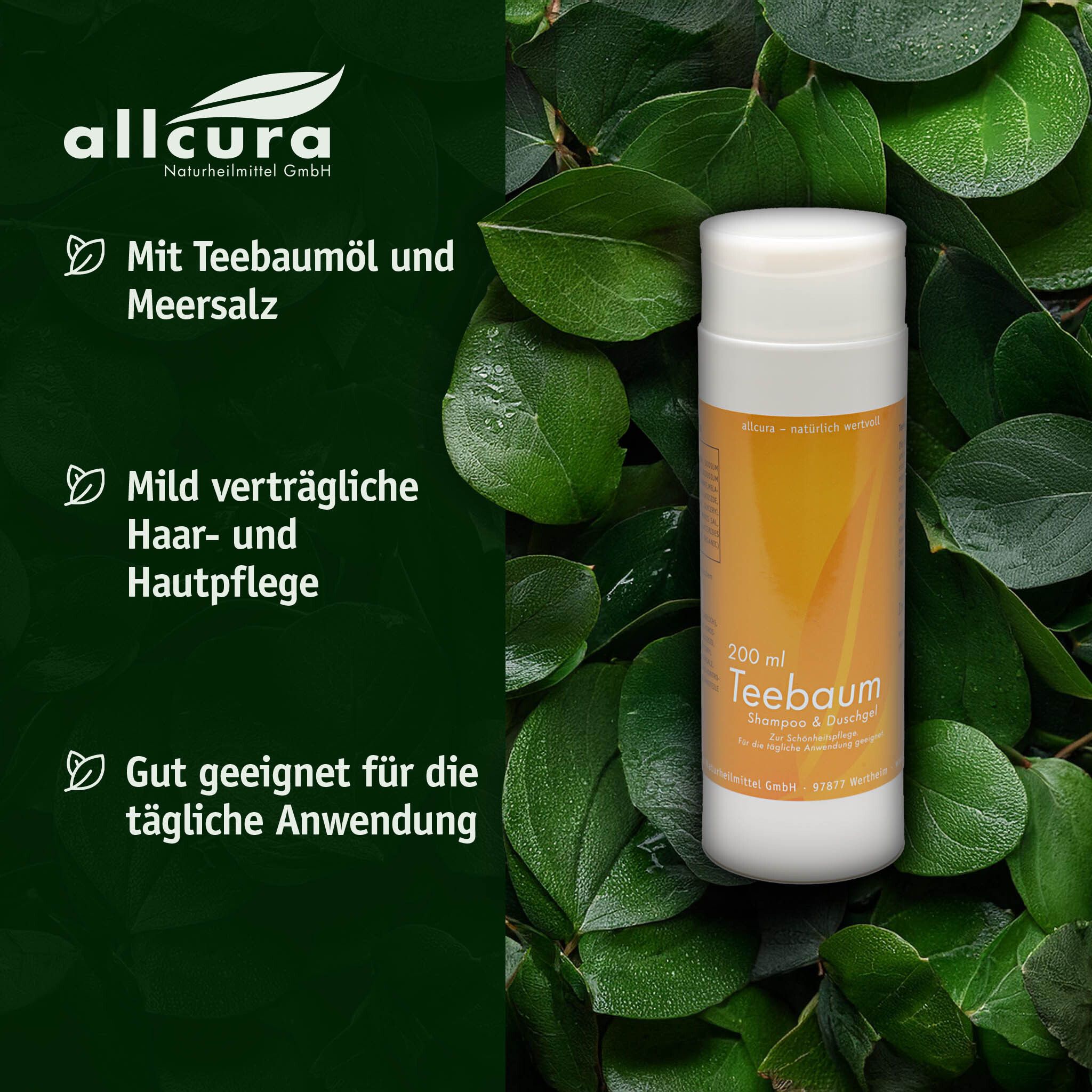 Flasche im Blattwerk. Text: allcura, Mit Teebaumöl und Meersalz, Mild verträgliche Haar- und Hautpflege.