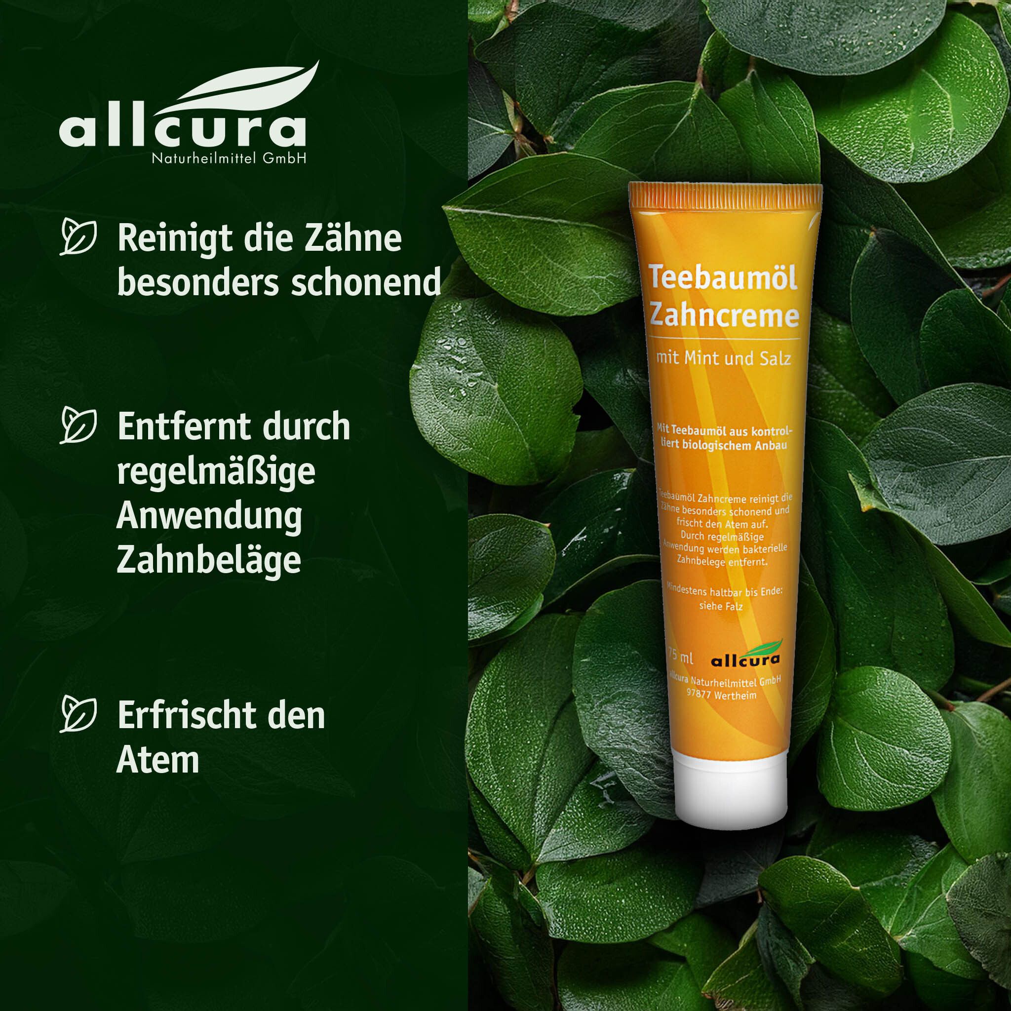 Zahncreme-Tube auf Blättern. Text: Reinigt die Zähne, entfernt Zahnbelag, erfrischt den Atem. Marke allcura.