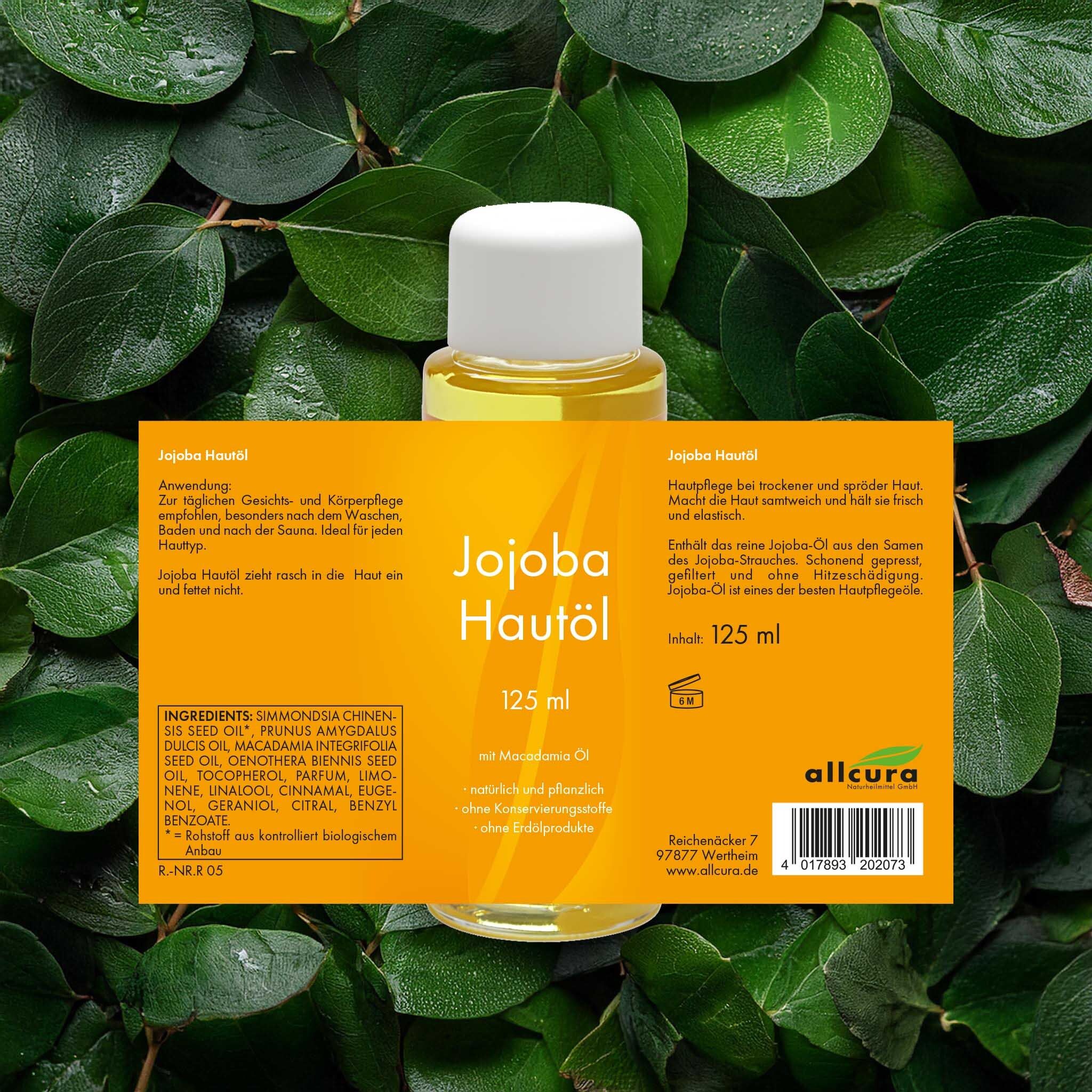 Etikett Jojoba Hautöl, 125 ml. Aufschrift: Jojoba Hautöl, Inhaltsstoffe, Anwendung. Logo allcura.