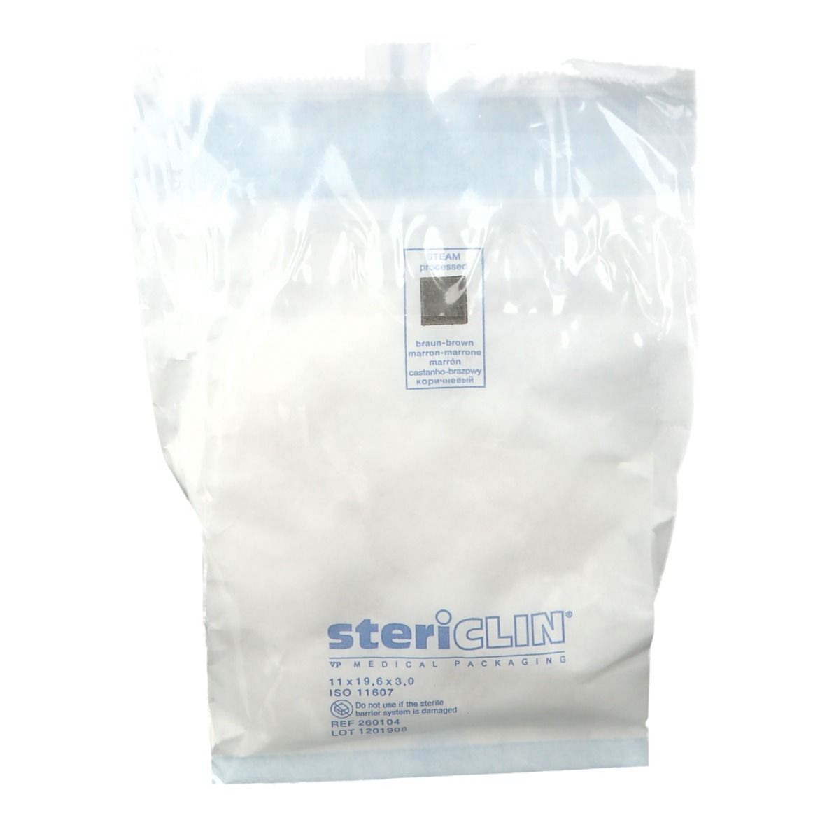 Verpackung mit medizinischen Mulltupfern. Aufdruck: SteriClin, 11x19x3,0, ISO 11607. Steril.