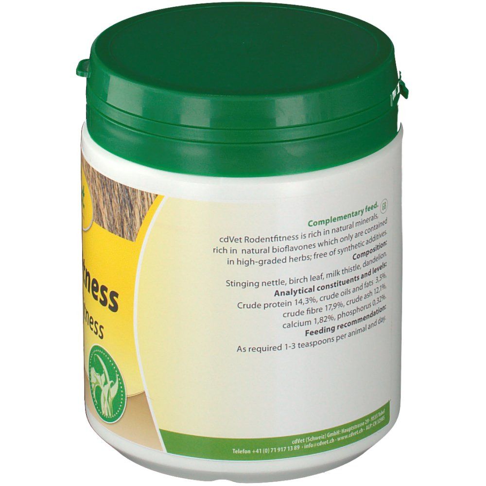 Weiße Dose mit grünem Deckel. Etikett mit Text und Logo. Enthält Ergänzungsfutter für Nager.