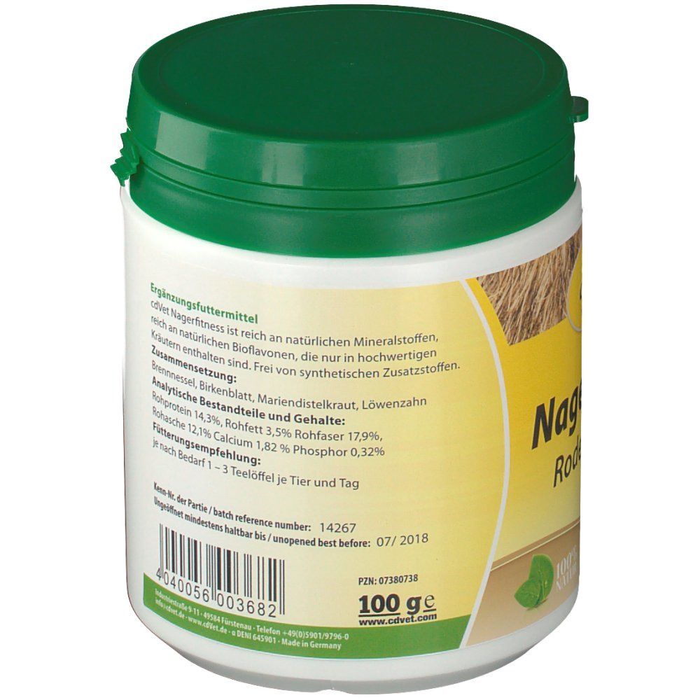 Weiße Dose mit grünem Deckel. Etikett mit Text, Barcode und Mindesthaltbarkeitsdatum. Enthält 100g.