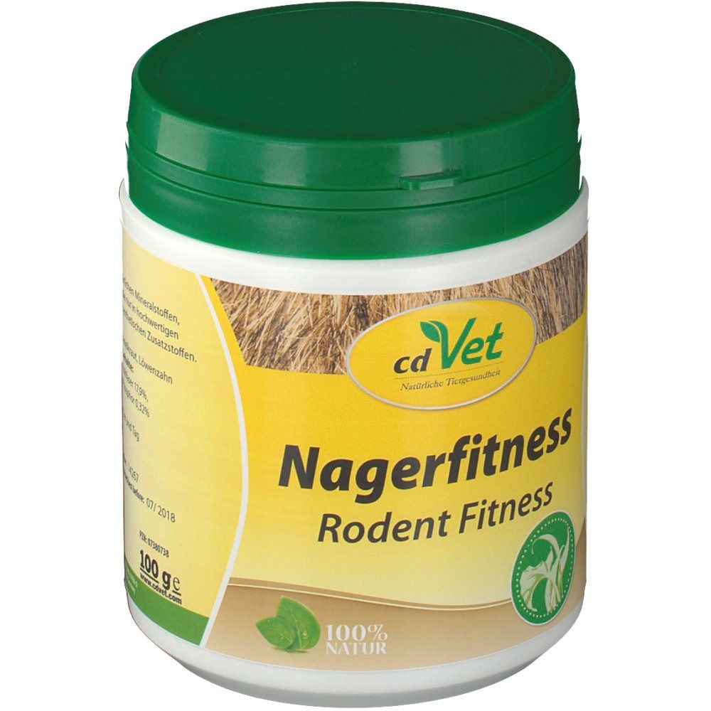 Weiße Dose mit grünem Deckel. Etikett mit Logo und Produktname: Nagerfitness. Enthält 100g.