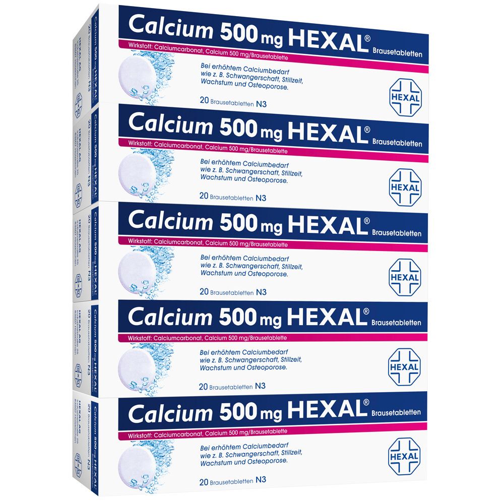 Mehrere Packungen Calcium 500 mg HEXAL Brausetabletten. Weiße Schachteln mit blauer und roter Schrift.