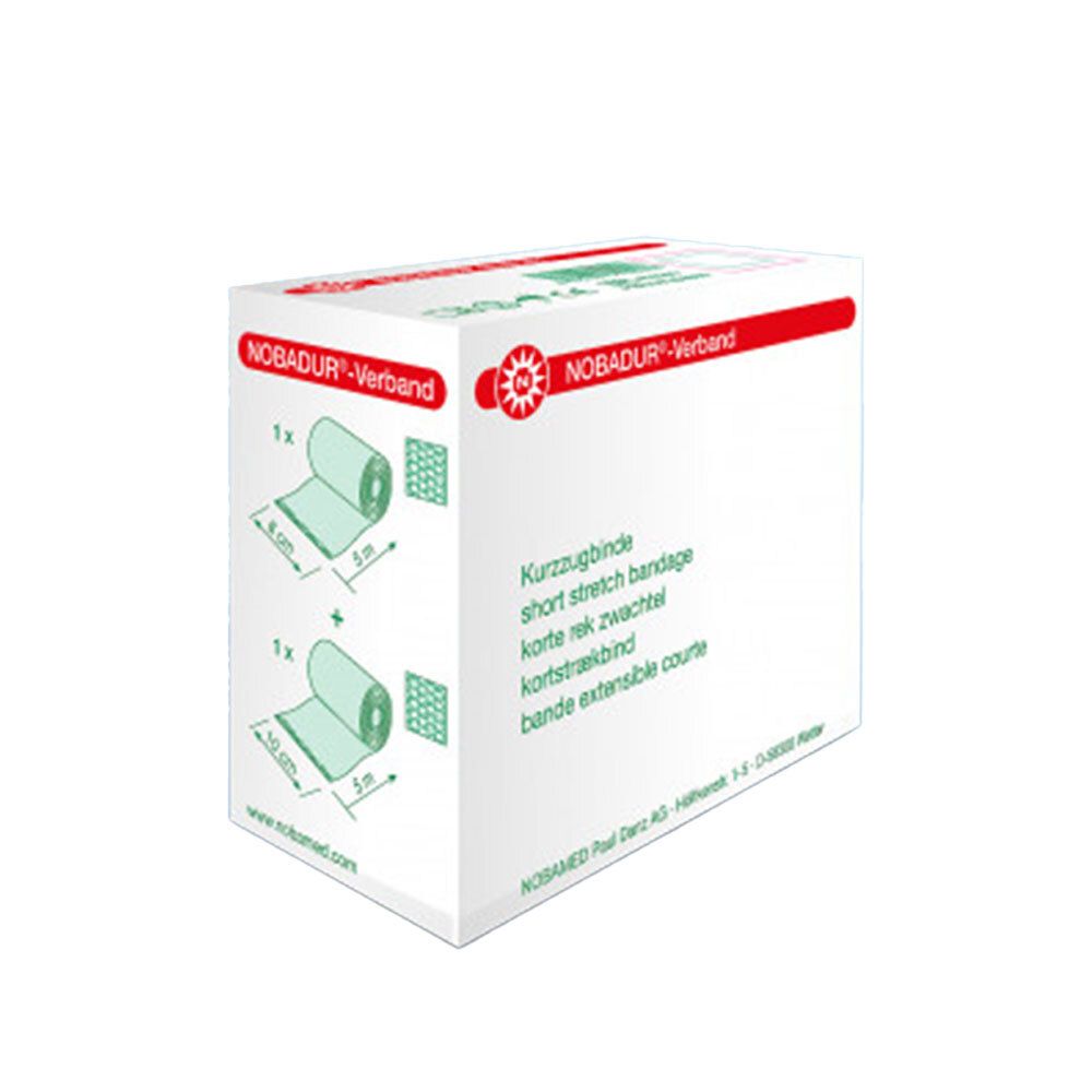 Verpackung von Nobadur-Verband. Aufdrucke: Nobadur-Verband, Kurzzugbinde, 1x 5cm, 1x 10cm. Weißer Karton mit roter Schrift.
