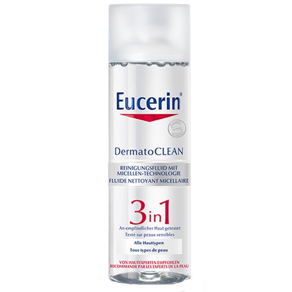 Eucerin DermatoCLEAN 3in1 Reinigungsfluid. Transparente Flasche mit weißem Deckel. Roter 3in1-Hinweis. Text auf Deutsch und Französisch.
