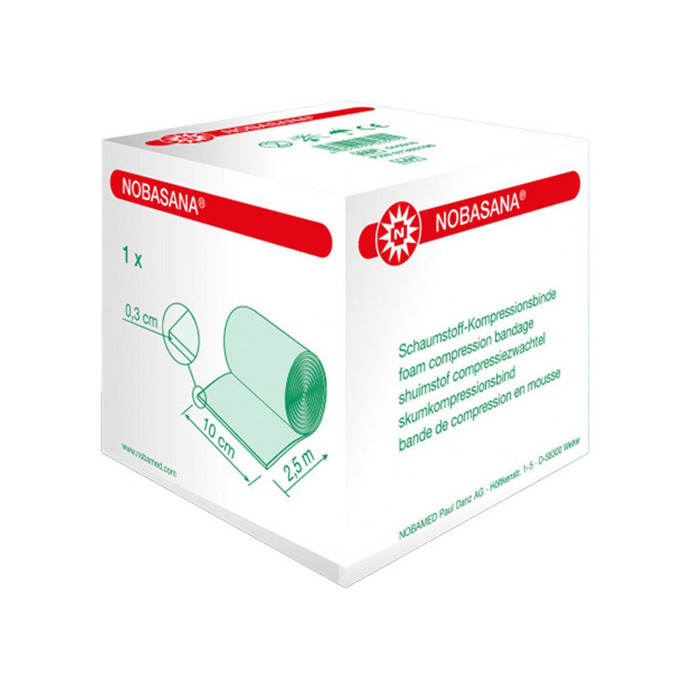 Verpackung mit Schaumstoff-Kompressionsbinde. Aufdruck: Nobasana, 10 cm x 2,5 m. Produktabbildung und Maße.