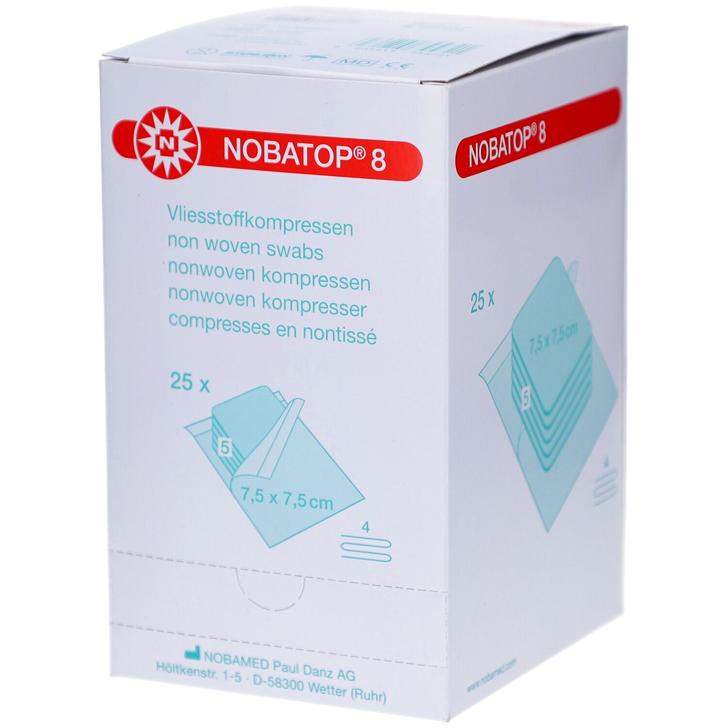 Verpackung mit NOBATOP® 8 Vliesstoffkompressen. 25 Stück, 7,5 x 7,5 cm. Aufdrucke in Deutsch, Englisch, Französisch und Niederländisch.