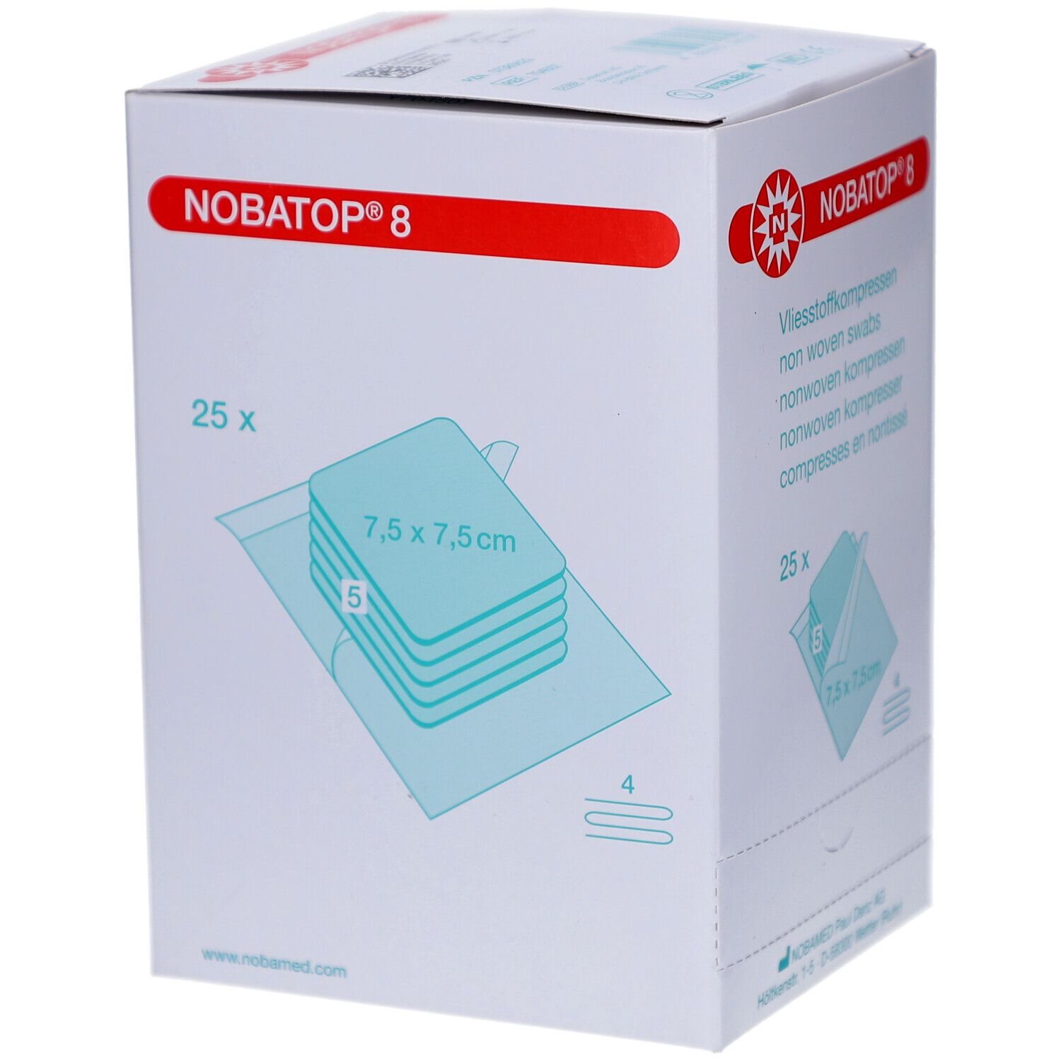 Verpackung mit NOBATOP® 8 Vliesstoffkompressen. 25 Stück, 7,5 x 7,5 cm. Aufdrucke in Deutsch, Englisch, Französisch und Niederländisch.