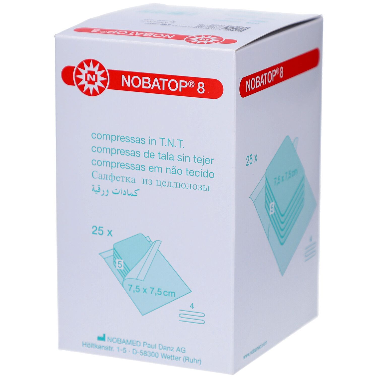 Verpackung mit NOBATOP® 8 Vliesstoffkompressen. 25 Stück, 7,5 x 7,5 cm. Aufdrucke in Deutsch, Englisch, Französisch, Niederländisch, Spanisch, Russisch.