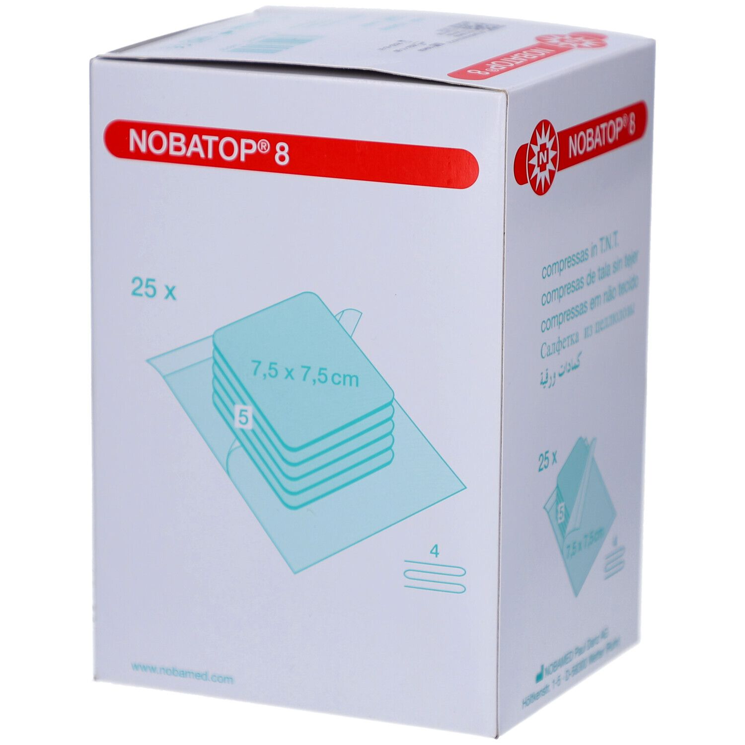 Verpackung mit NOBATOP® 8 Vliesstoffkompressen. 25 Stück, 7,5 x 7,5 cm. Aufdrucke in Deutsch, Englisch, Französisch und Niederländisch.