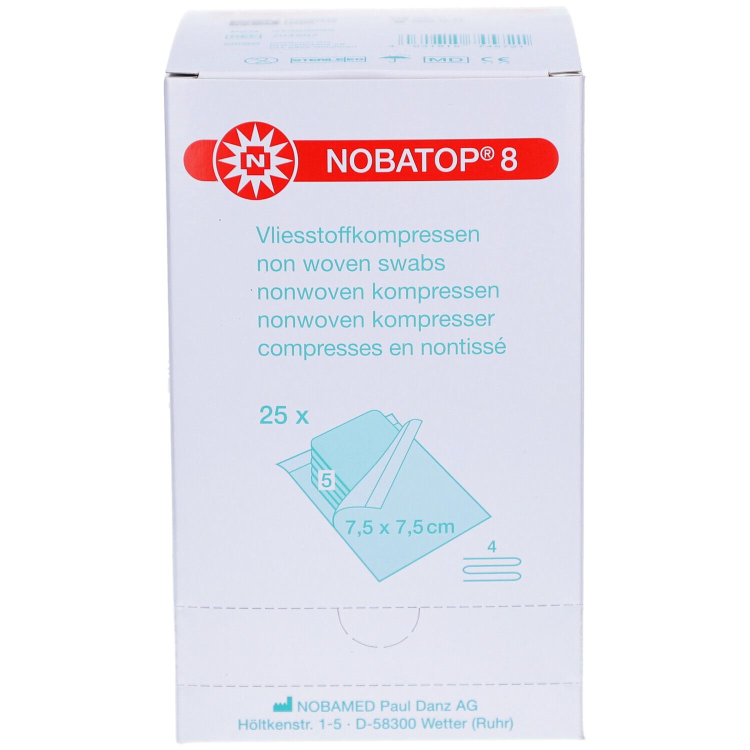 Verpackung mit NOBATOP® 8 Vliesstoffkompressen. 25 Stück, 7,5 x 7,5 cm. Aufdrucke in Deutsch, Englisch, Französisch und Niederländisch.