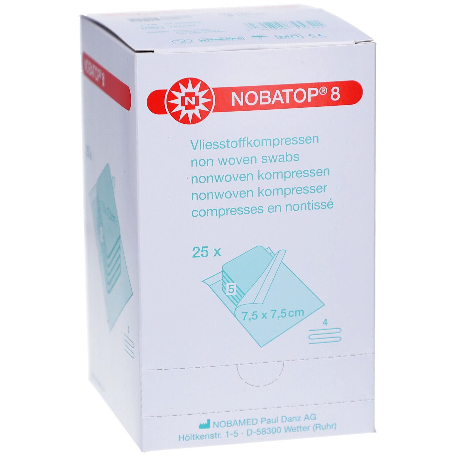 Verpackung mit NOBATOP® 8 Vliesstoffkompressen. 25 Stück, 7,5 x 7,5 cm. Aufdrucke in Deutsch, Englisch, Französisch und Niederländisch.