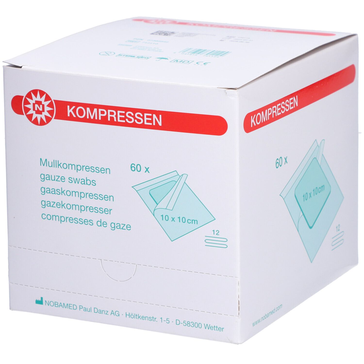 Weiße Kartonverpackung mit roter Schrift. Aufdruck: KOMPRESSEN, 60 Stück, Mullkompressen 10x10cm. Logo: N in Stern.