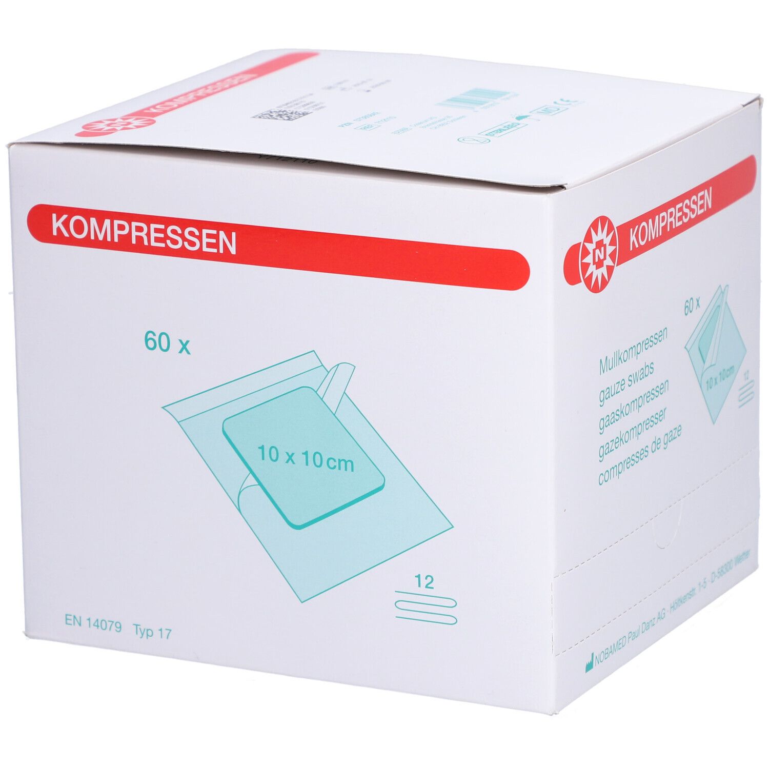 Weiße Kartonverpackung mit roter Schrift. Aufdruck: KOMPRESSEN, 60 Stück, Mullkompressen 10x10cm. Logo: N in Stern.