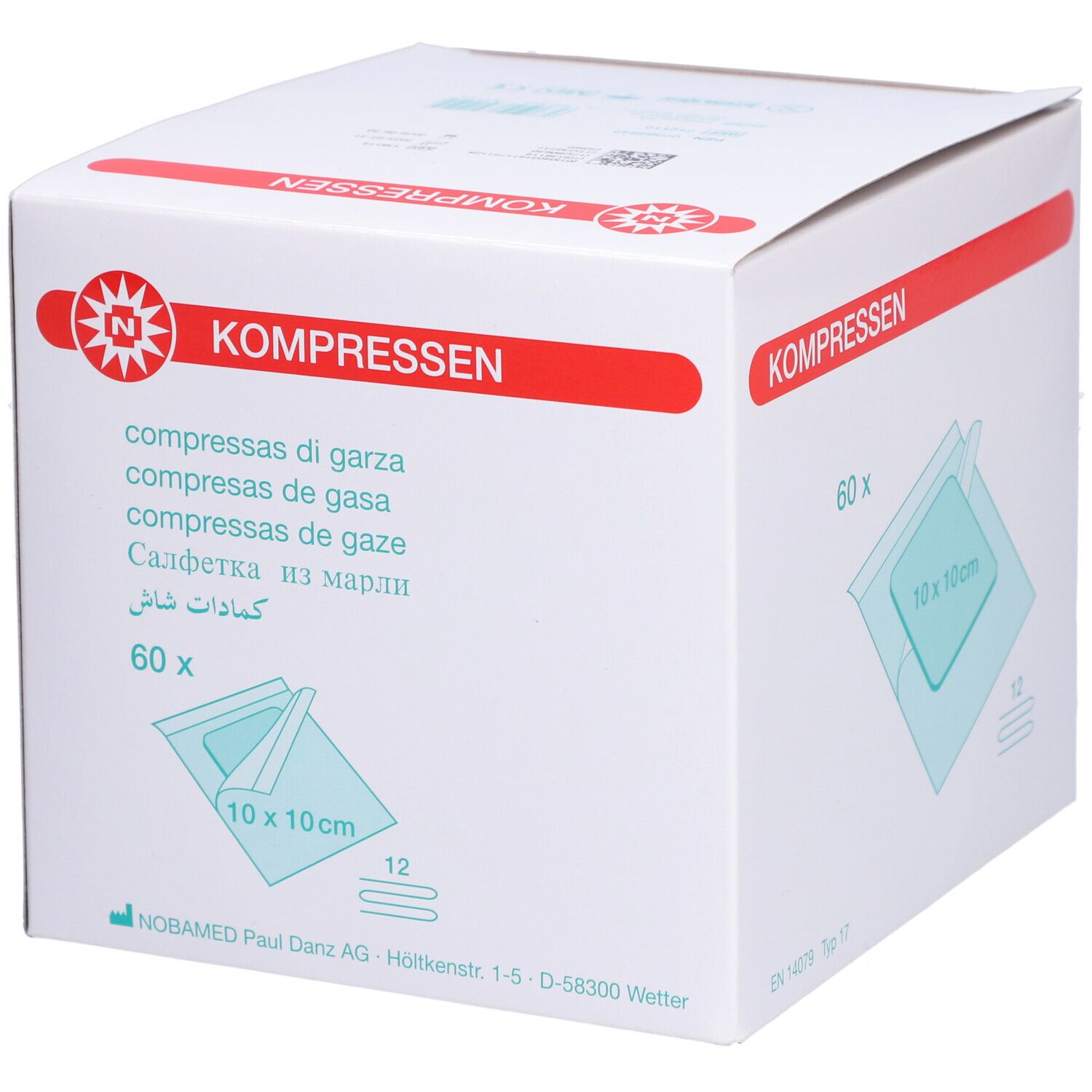 Weiße Kartonverpackung mit roter Schrift. Aufdruck: KOMPRESSEN, 60 Stück, Mullkompressen 10x10cm. Logo: N in Stern.