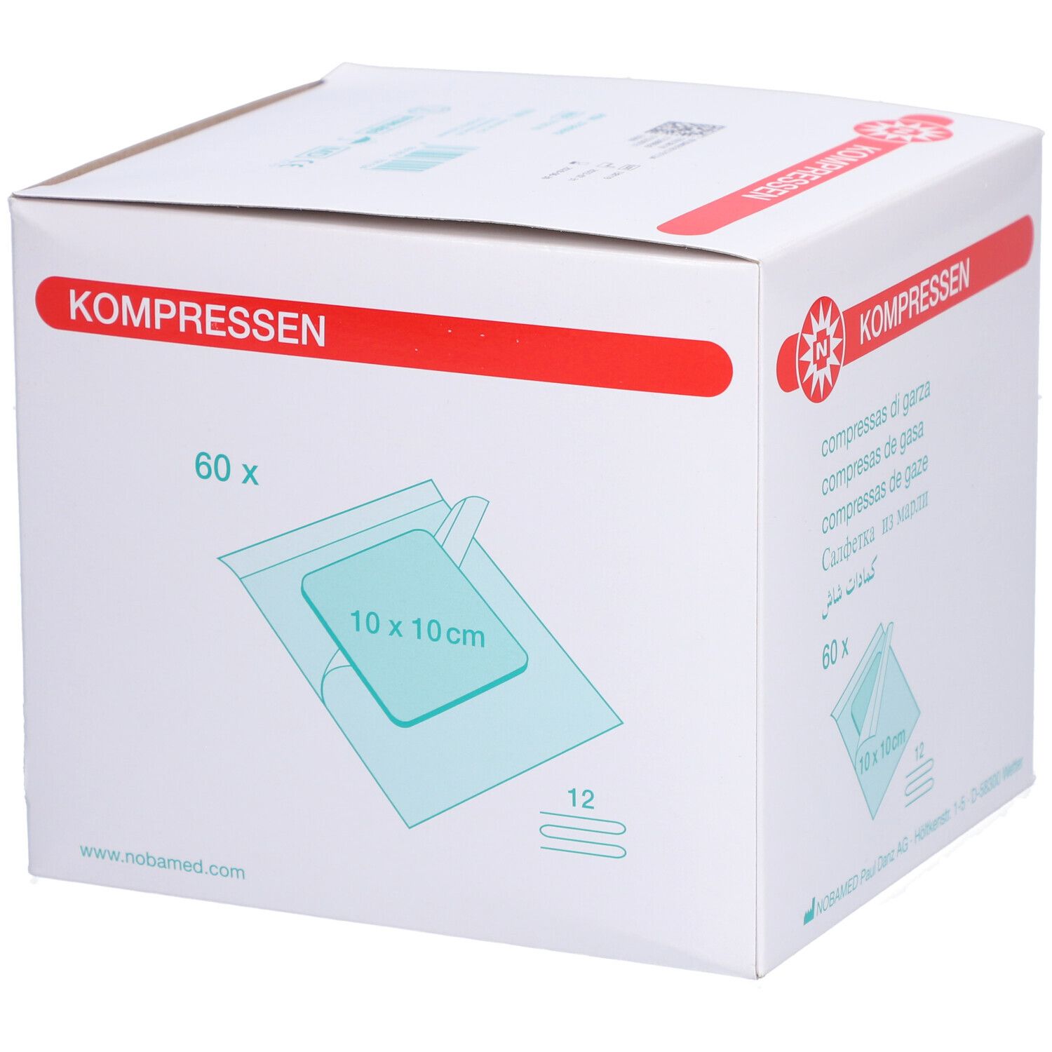 Weiße Kartonverpackung mit roter Schrift. Aufdruck: KOMPRESSEN, 60 Stück, Mullkompressen 10x10cm. Logo: N in Stern.