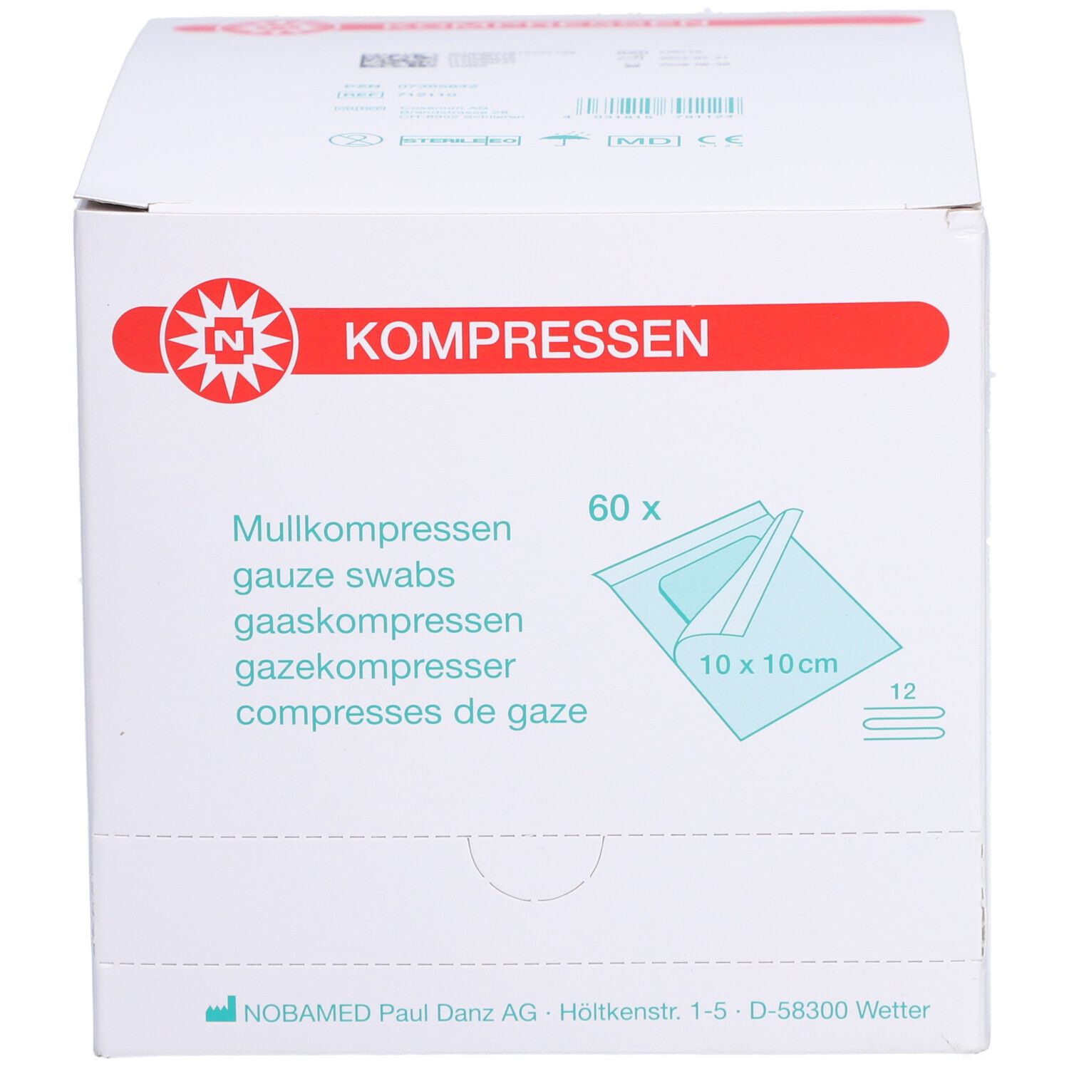 Weiße Kartonverpackung mit roter Schrift. Aufdruck: KOMPRESSEN, 60 Stück, Mullkompressen 10x10cm. Logo: N in Stern.