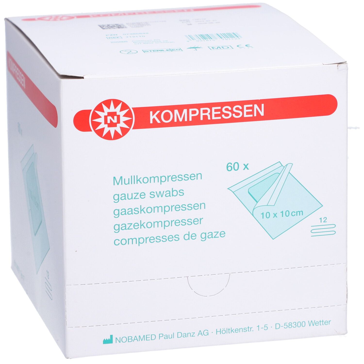 Weiße Kartonverpackung mit roter Schrift. Aufdruck: KOMPRESSEN, 60 Stück, Mullkompressen 10x10cm. Logo: N in Stern.