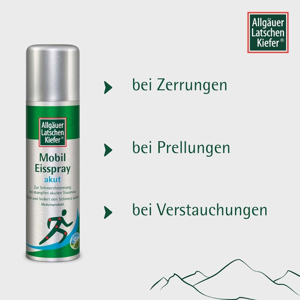 Sprühdose mit Logo und Schriftzug: Mobil Eisspray akut. Text: bei Zerrungen, Prellungen, Verstauchungen.