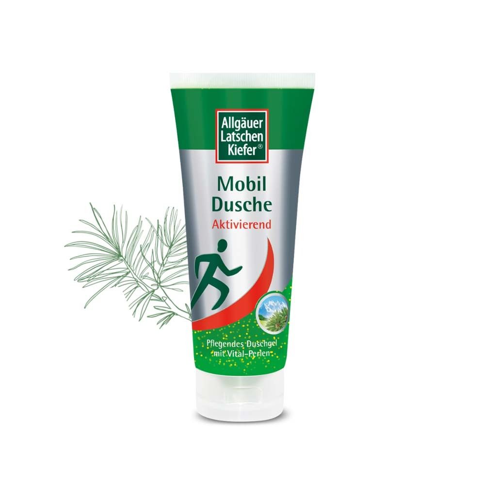Tube mit grün-silbernem Design. Aufschrift: Allgäuer Latschenkiefer Mobil Dusche. Aktivierend. Läufer-Abbildung. Kiefernzweig.