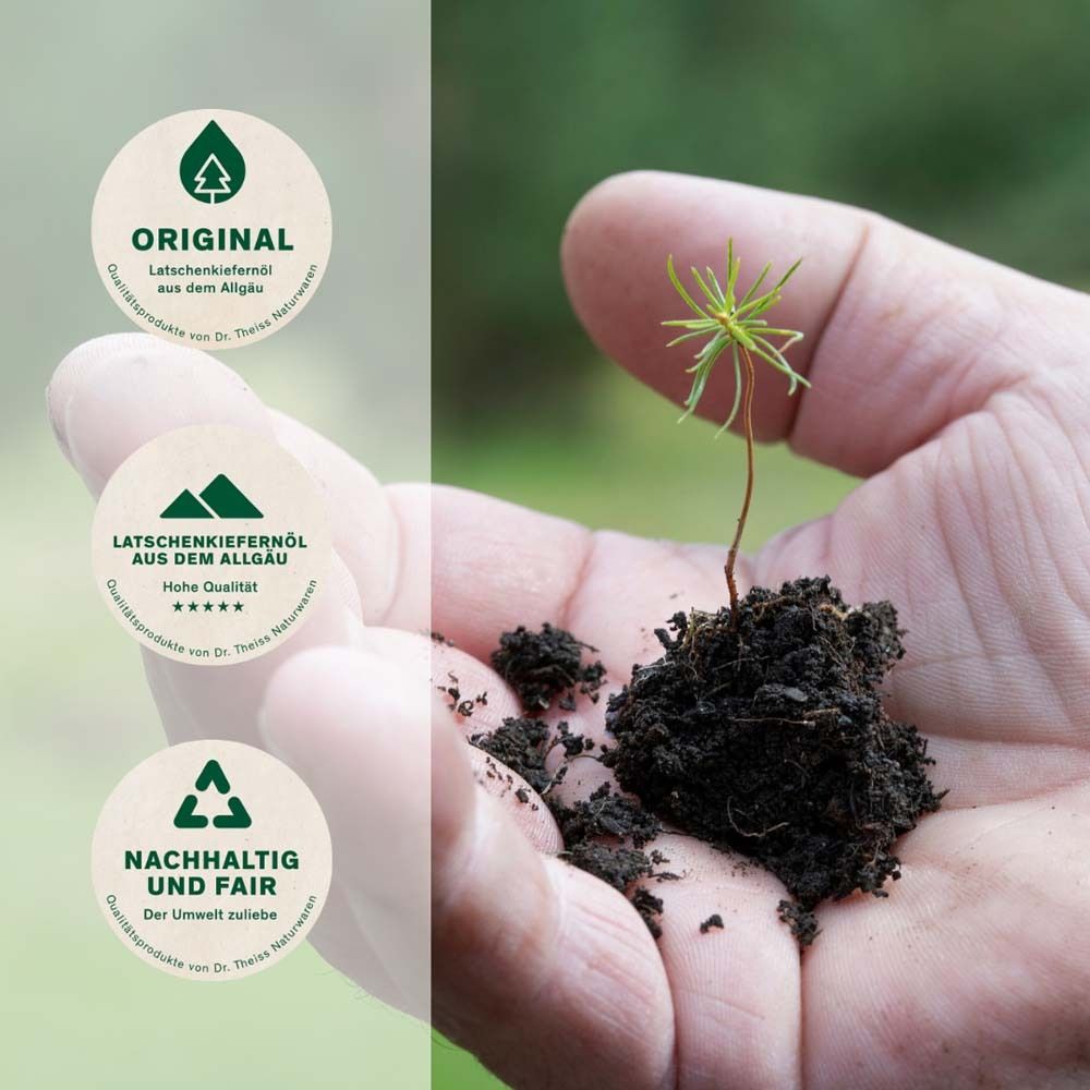 Hand mit Erde und Setzling. Logos: Original, Latschenkiefernöl, Nachhaltig und fair.