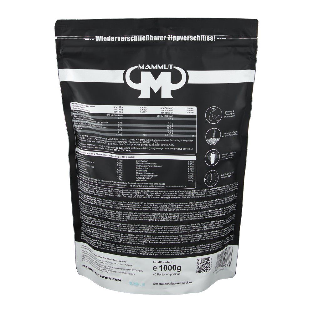 Rückseite eines schwarzen Beutels. Enthält Nährwertangaben und Produktinformationen. Marke: Mammut. Geschmack: Cookies.