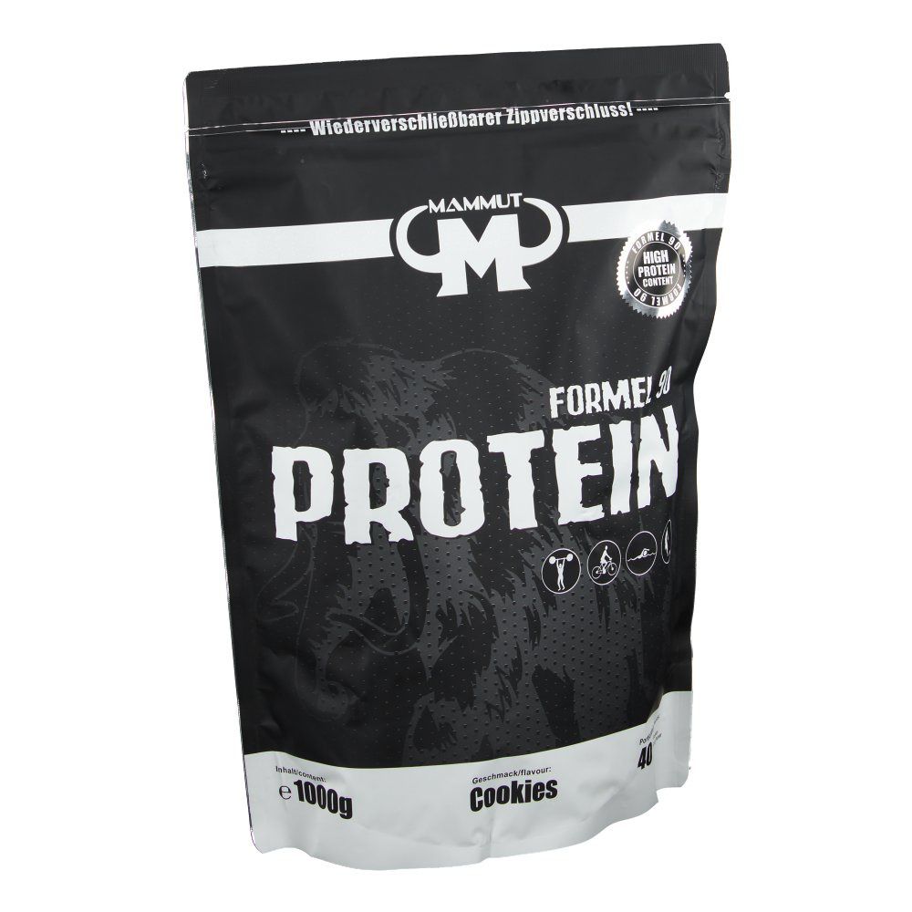 Schwarzer Beutel mit weißer Schrift. Enthält "Mammut Formel 90 Protein". Aufschrift "Cookies". Siegel "High Protein".