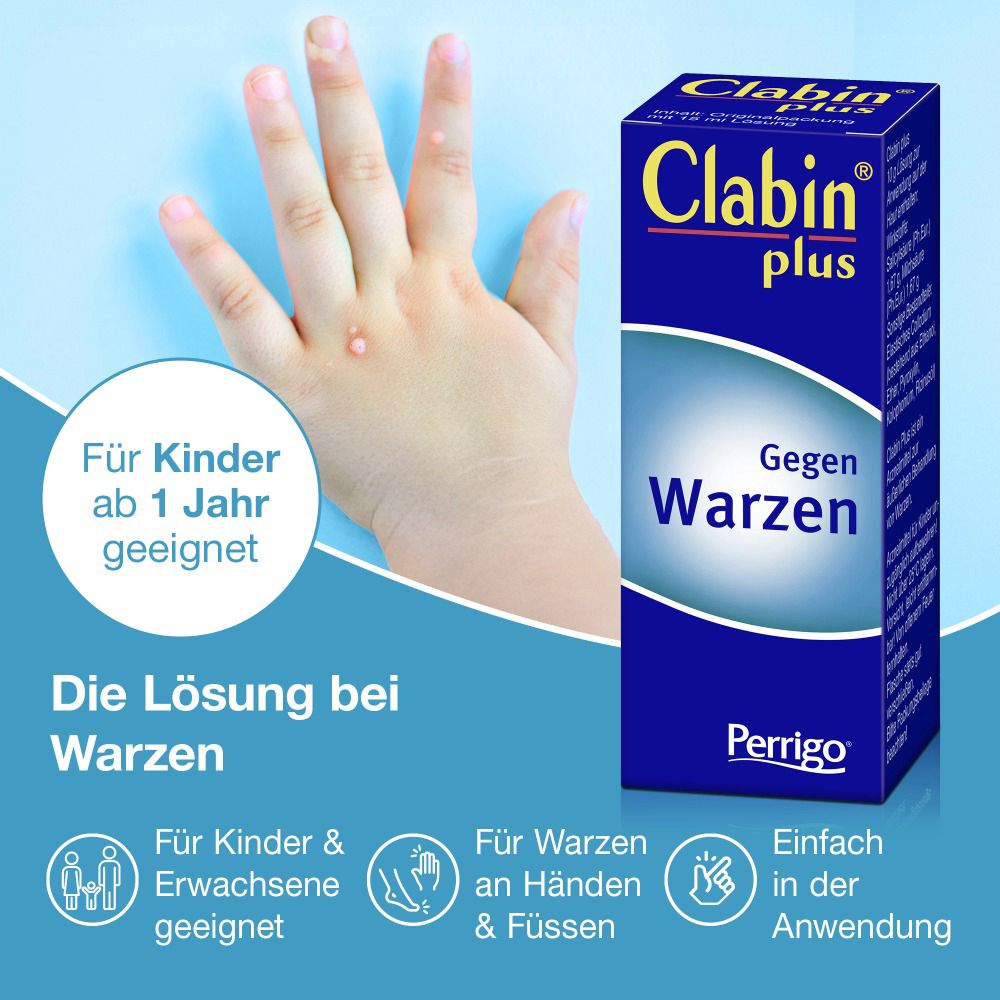 Kindeshand mit Warzen neben "Clabin plus" Schachtel. Geeignet ab 1 Jahr.