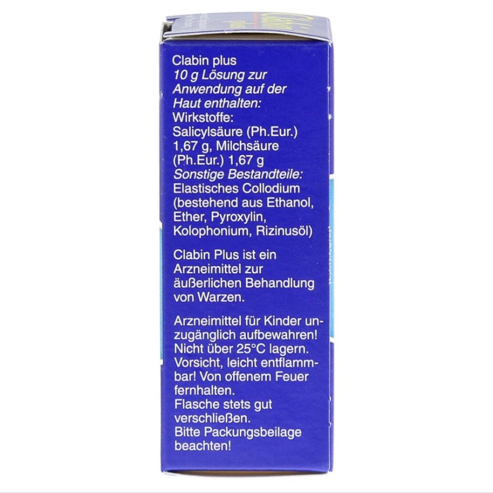 Rückseite der "Clabin plus" Schachtel. Inhaltsstoffe und Anwendung.